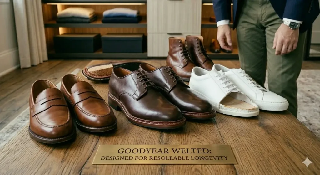 brown leather derby shoes loafers goodyear welted resoleable men