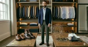 light blue ocbd charcoal wool trousers brown derby shoes navy blazer business casual outfit ideas for men 2026