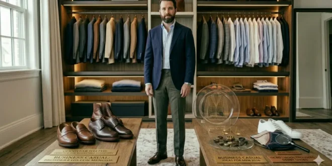 light blue ocbd charcoal wool trousers brown derby shoes navy blazer business casual outfit ideas for men 2026