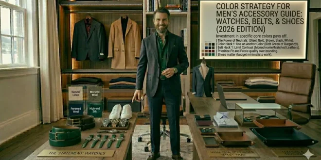 color strategy men's accessory guide demonstrated by well-dressed professional man with coordinated watch belt and shoes