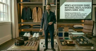 men's accessory guide watches belts shoes demonstrated by well-dressed professional man