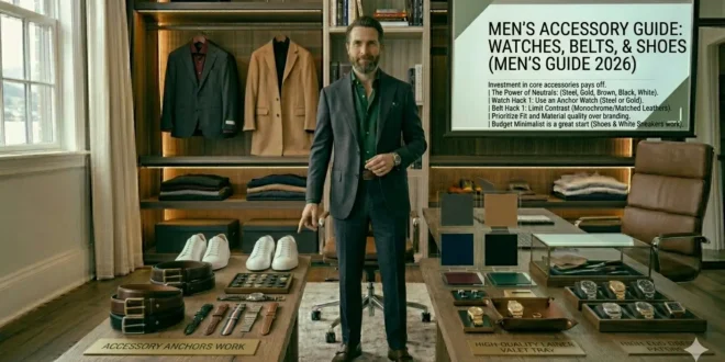 men's accessory guide watches belts shoes demonstrated by well-dressed professional man