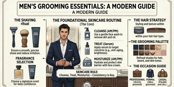 mens grooming essentials guide demonstrated by well-groomed professional man with skincare products