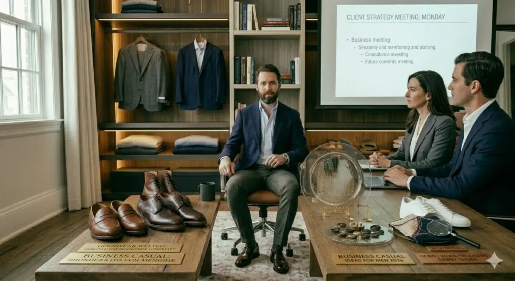 monday client meeting light blue ocbd charcoal trousers brown derby shoes navy blazer professional office wear