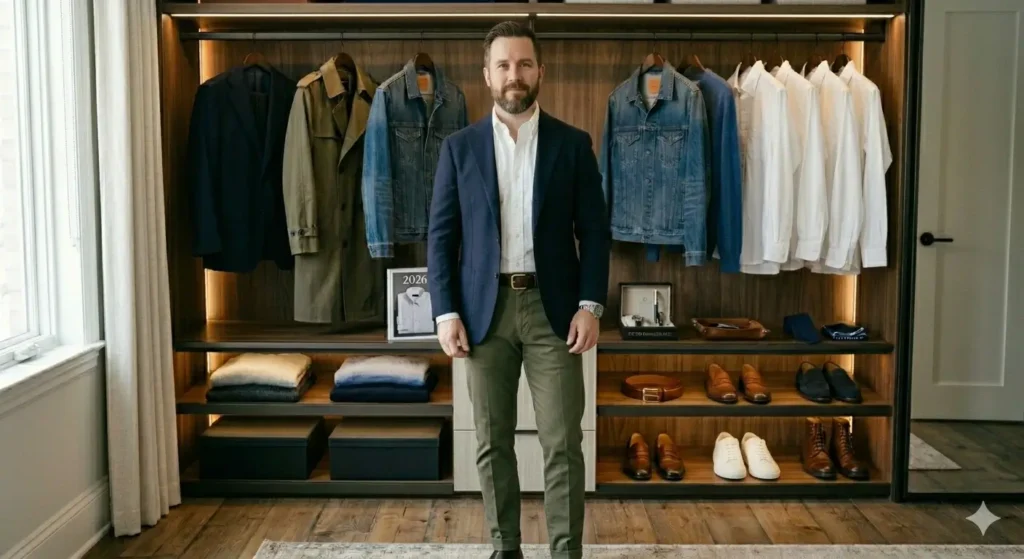 navy blue blazer jacket styled with chinos wardrobe essentials for men
