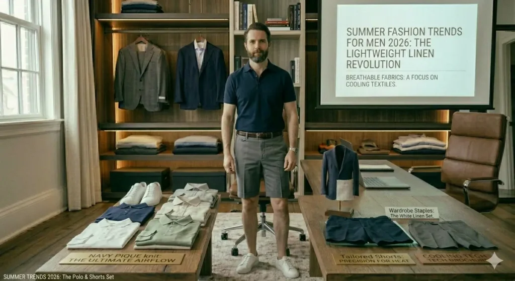 navy pique knit polo shirt tailored shorts summer fashion trends for men 2026